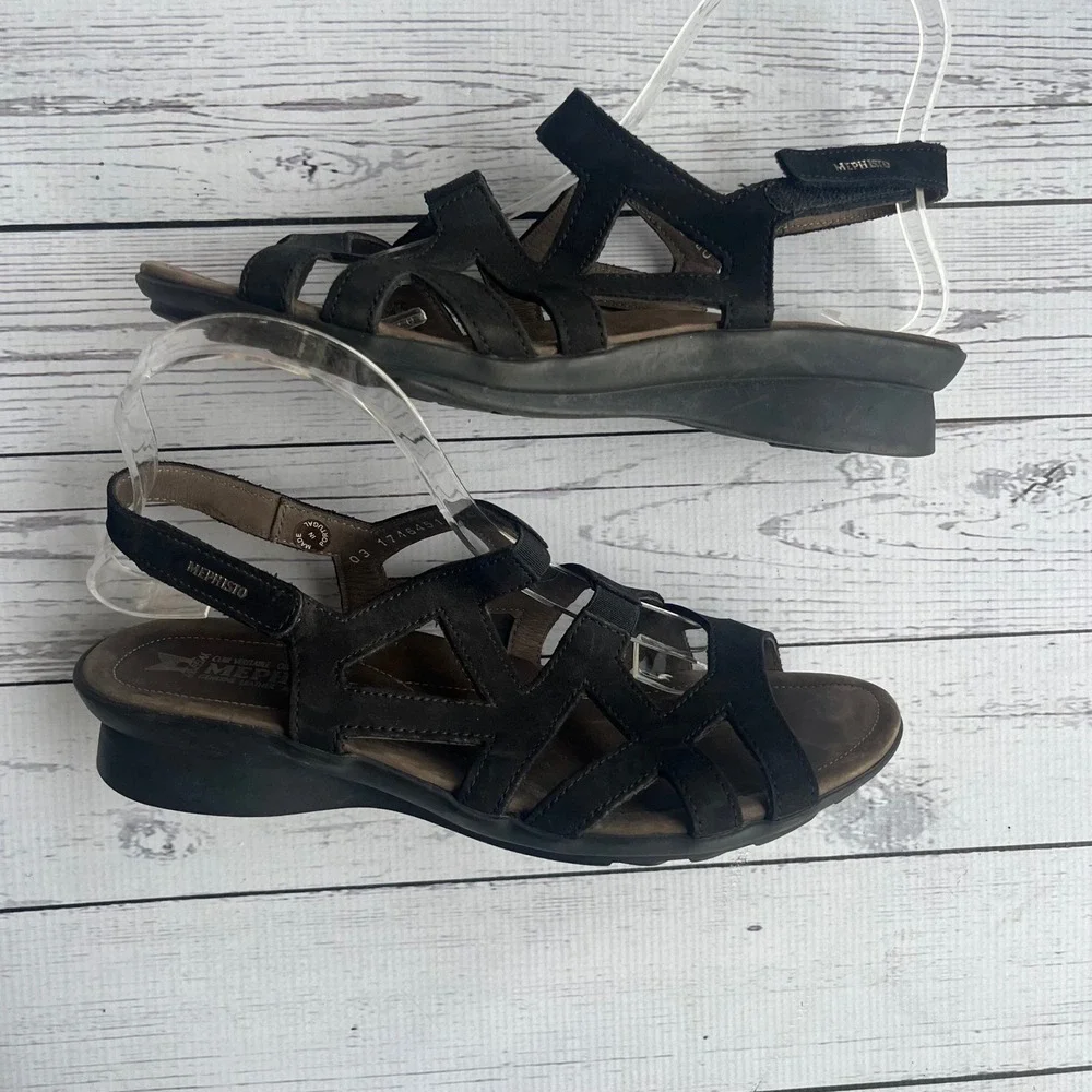 Mephisto Black‎ Portugal Nubuck Leather Strappy Wedge Sandals EU 40 US 9-9.5